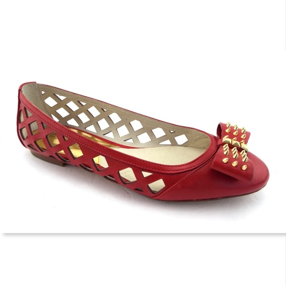 MICHAEL KORS Spike Stud Red Bow Ballet Flats 7 - Picture 1 of 7